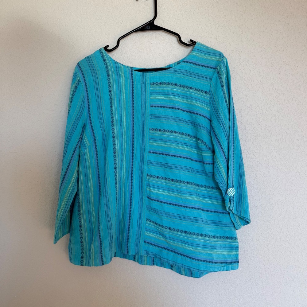 Habitat Clothes To Live In Turquoise Stitched Striped Button Back Top Artsy Boho